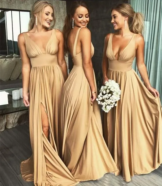 

Long Bridesmaid Dresses with Split Side Floor Length Beach Boho Formal Dress Deep V Neck Wedding Guest Dresses Women Elegant