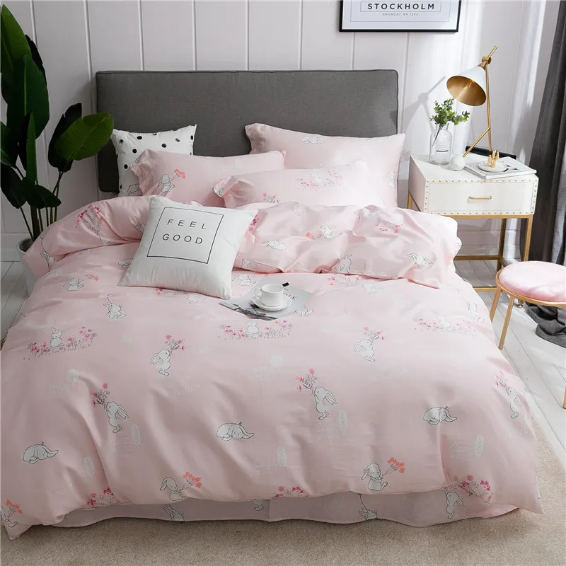 

4pcs Cute rabbit Printed Cotton Bedding Sets cartoon Bed Set Duvet Cover Bed Sheet Cover Set pillowcase twin queen king size