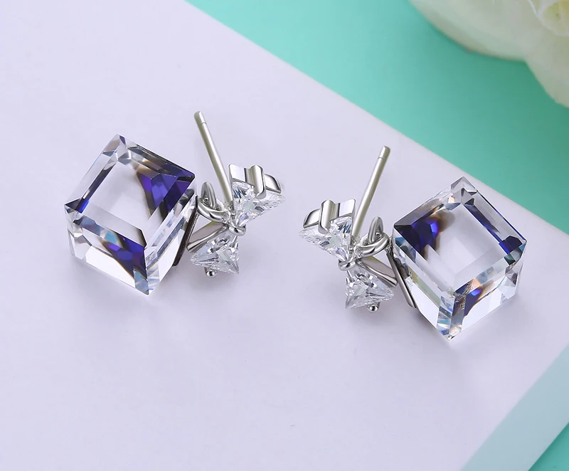 Серьги-гвоздики LEKANI с кристаллами SWAROVSKI, кубические бусины, милый бант, пирсинг, S925 серебряные ювелирные изделия для женщин, девочек, подарки