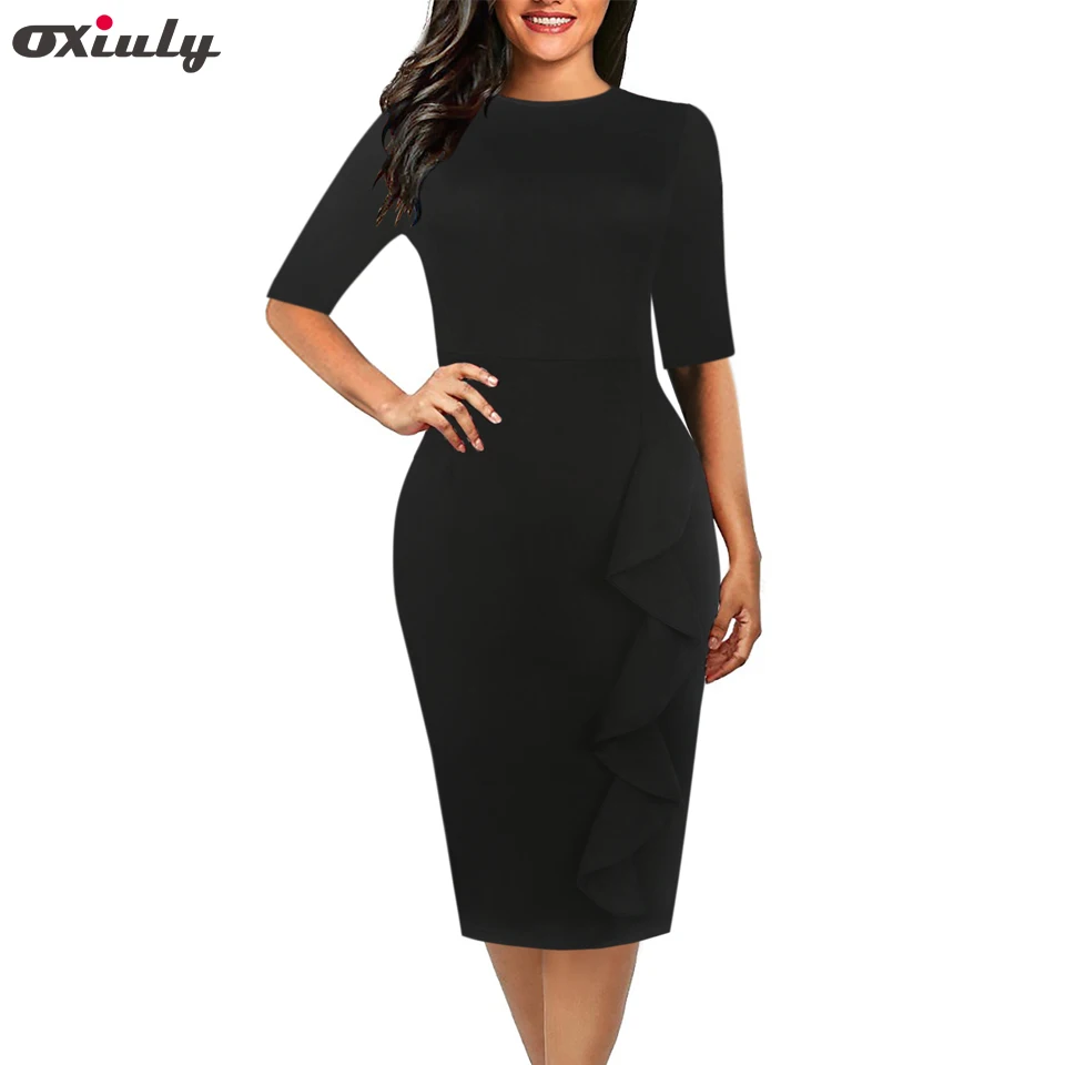 

Oxiuly Women's Short Sleeve Classic Ccoop Neck Work Business Sheath Pencil Knee-length Ruffle Little Black Dress