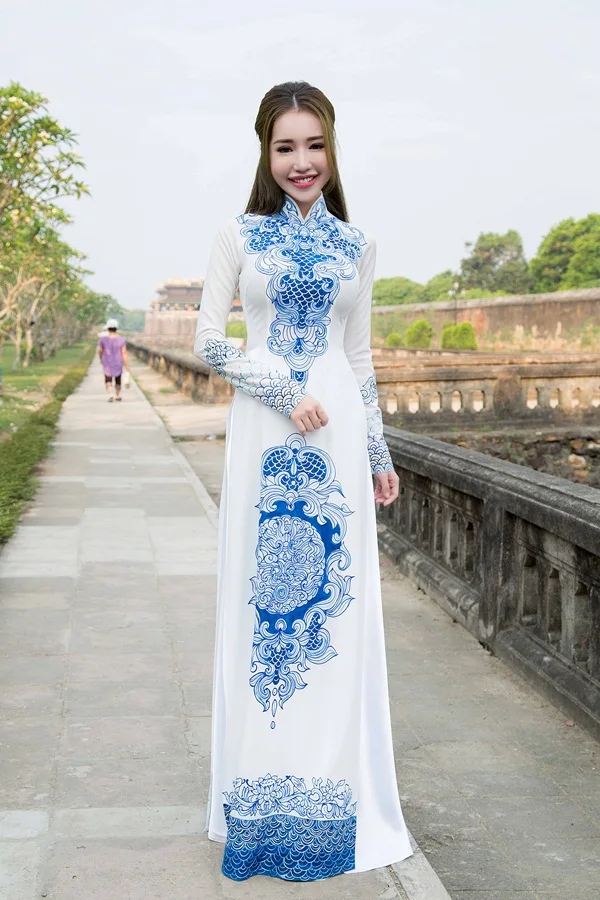 Aodai вьетнамская одежда cheongsam aodai вьетнамское платье вьетнамское традиционное платье cheongsam современный синий и белый фарфор - Цвет: see chart