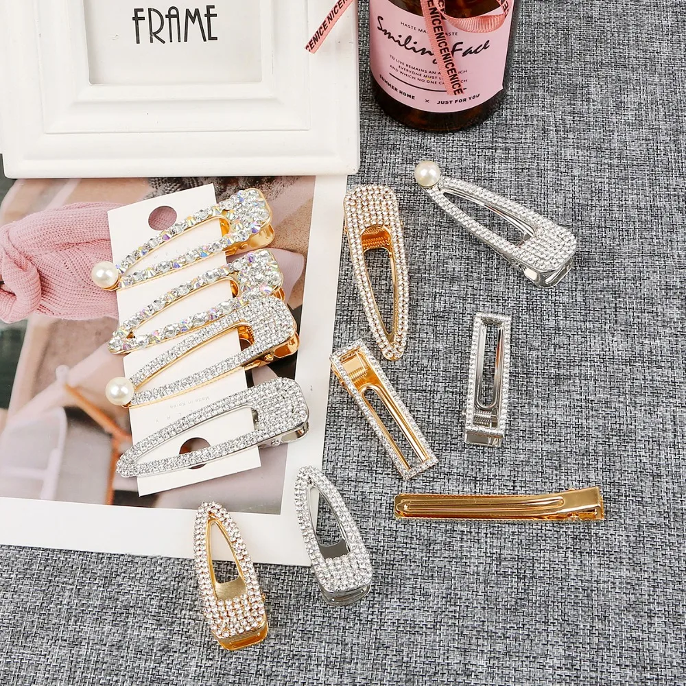 Korean Ins Fashion Gold Silver Crystal Geometric Metal Barrettes Hair Clips for Women Hairgrips Hair Styling Tool Accessories