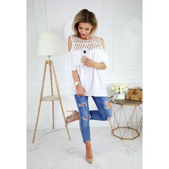 

Summer Tops Women's Blouses Hollow Out Shirts Ladies Sexy Mesh Openwork Short Sleeve Ruffle Off Shoulder Blouses Fashion Blousa