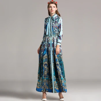

S-4Xl High Quality 2018 Summer And Autumn Runway Show New Fashion Bright Color Printing Slim Comfortable Fabric Women Long Dress
