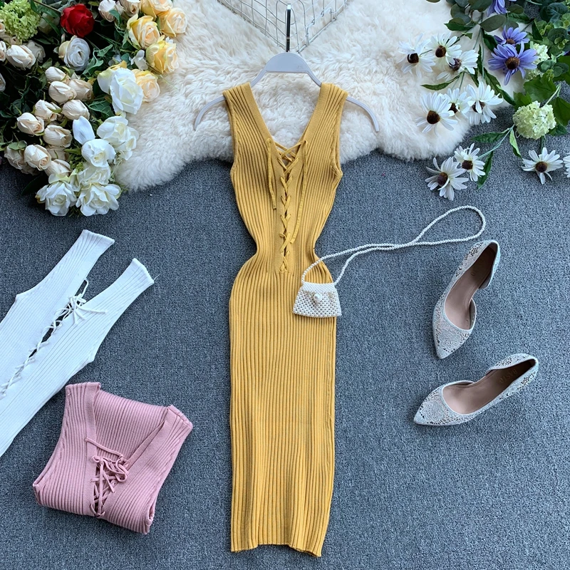 

2019 new fashion women's dresses Sexy Deep V Open Back Knit Dress