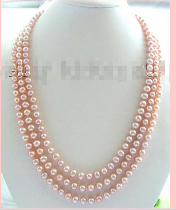 

26" 3rows Natural 8mm Pink Round Pearl Necklace Cameo!