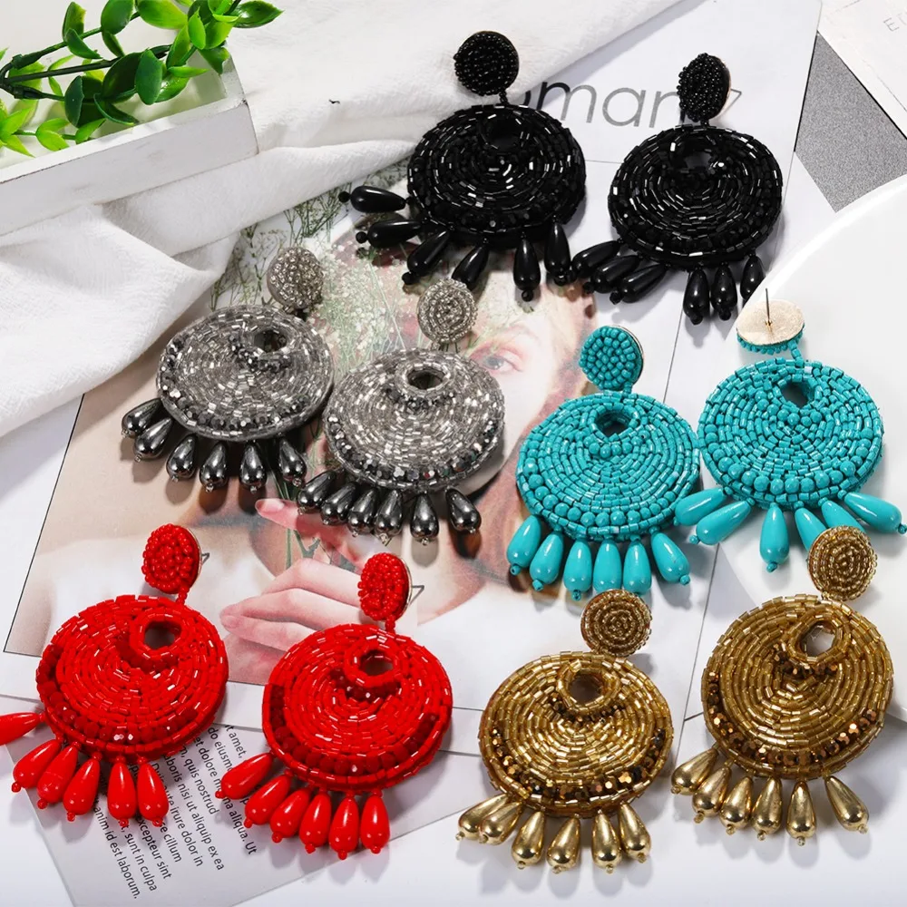 

Girlgo Boho Fashion Handmade Beads Big Round Drop Earrings For Women Trendy Colorful Dangle Korean Earrings Wedding Jewelry Gift
