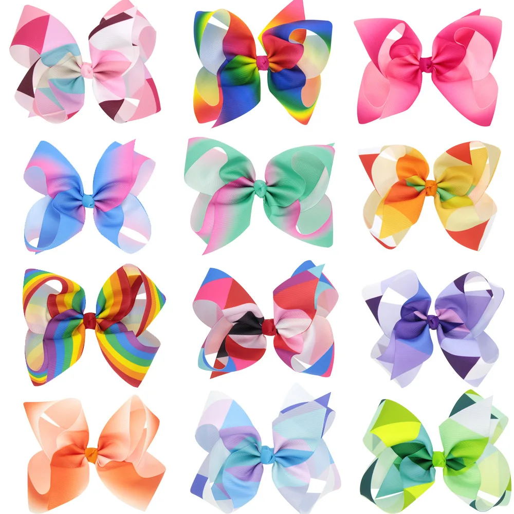 

12pcs/lot latest Grosgrain Ribbon 6'' Hair Bows With Alliator Clips Cartoon Boutique Rainbows hairbow 6 inches bows