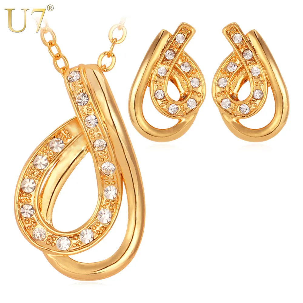 

U7 Necklace Set Gold Color Rhinestone Trendy Women Party Jewelry Gift Sale Necklace Earrings Jewelry Sets S483