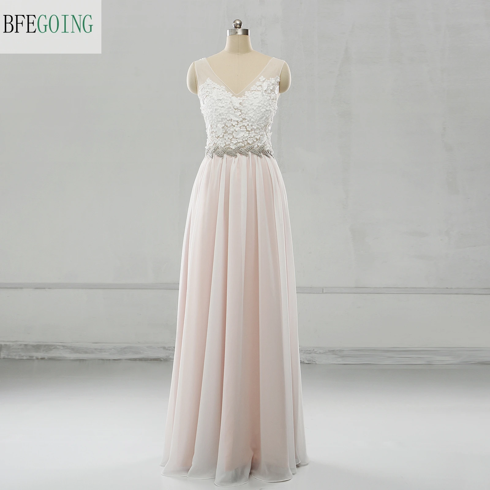 White Lace Appliques Chiffon Satin V-Neck Sleeveless A-Line Floor-Length Wedding Dresses Custom Made Bridal Gown | Свадьбы и