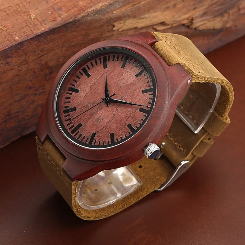 BOBO BIRD Red Sandalwood Wooden Watch mens erkek kol saati Quartz Movement Watch with Leather Strap for Men in Gift Box