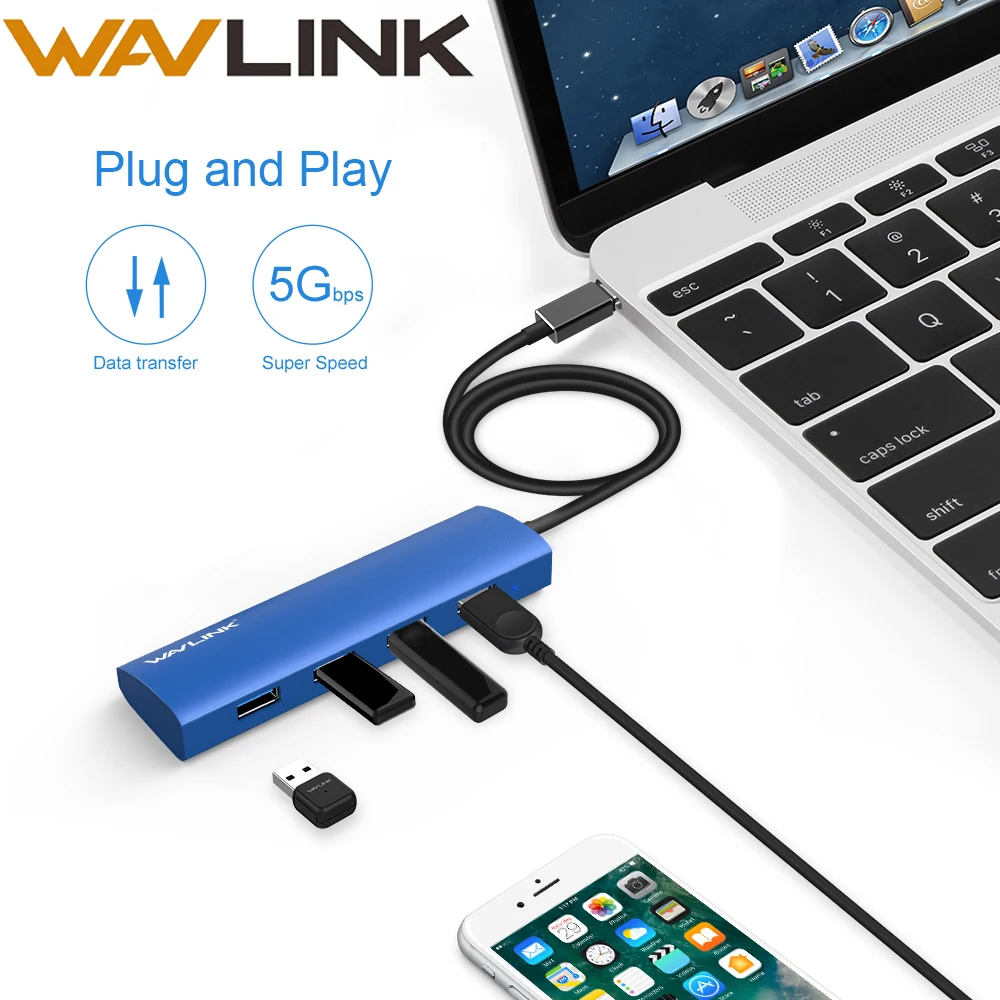 Wavlink алюминиевый USB 3,0 концентратор 4 порта type C адаптер с USB C женский зарядный порт для MacBook Pro ChromeBook Pixel Windows синий