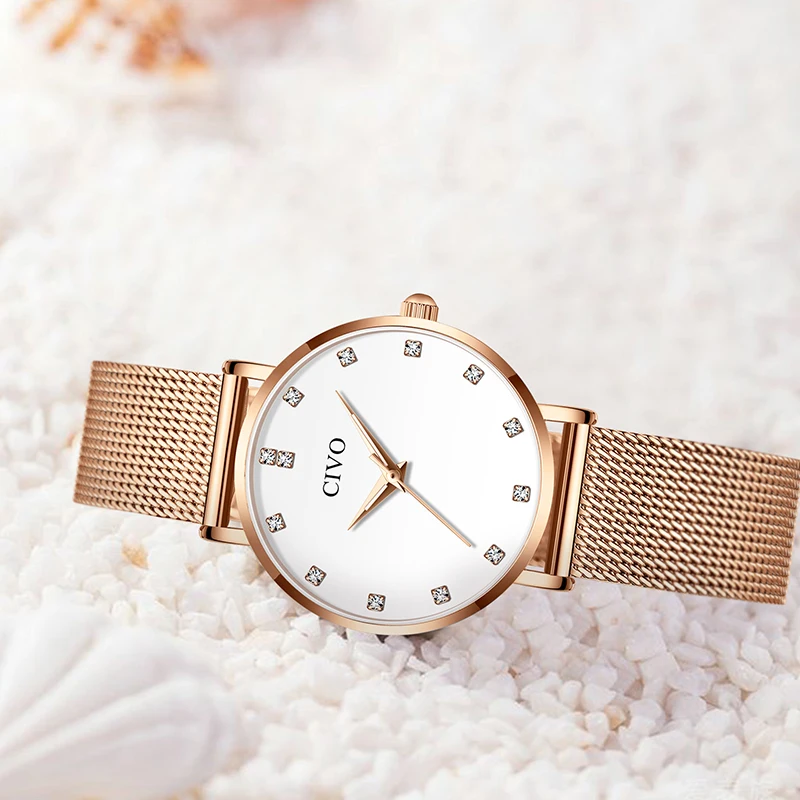 CIVO модные наручные часы для женщин, роскошные часы с бриллиантовым браслетом, водонепроницаемые тонкие стальные сетчатые женские кварцевые часы Relojes Mujer