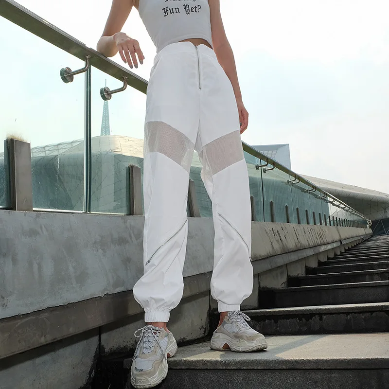 

2019 white transparent Zipper Cargo Pants Women Loose jogging pants High Waist Trousers Fashion Femme Streetwear White Trousers