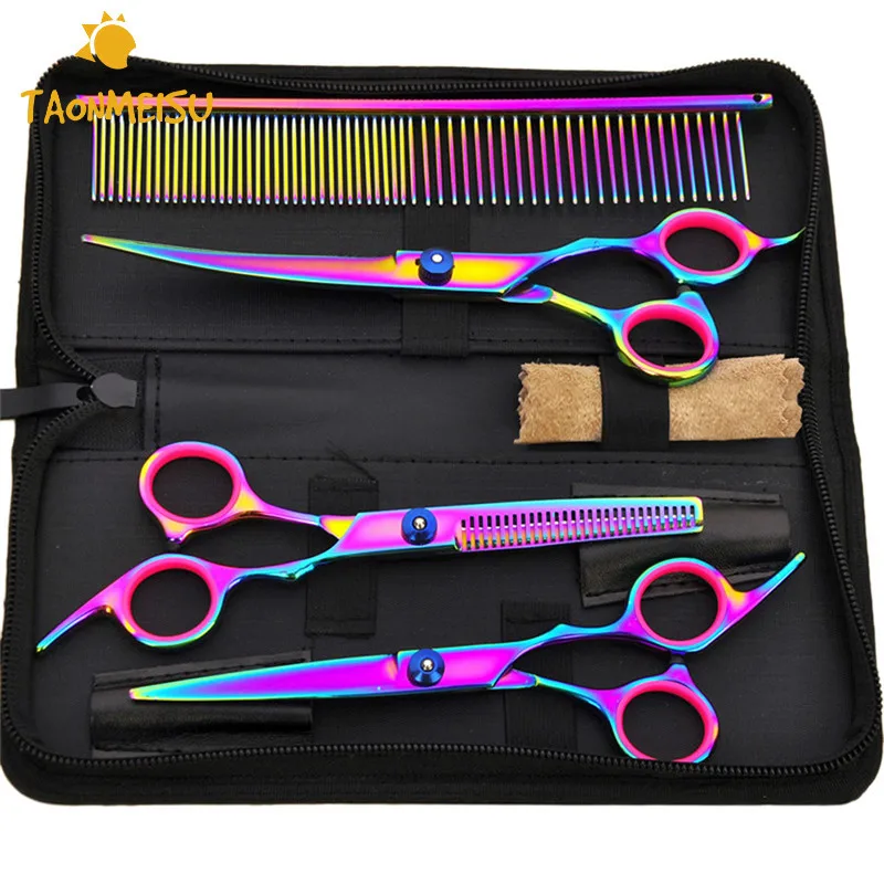 

7 Inch Colorful Professional Dog Grooming Scissors Set Pet Curved Flat Tooth Scissors Comb Animals Hair Cut Tool Newest