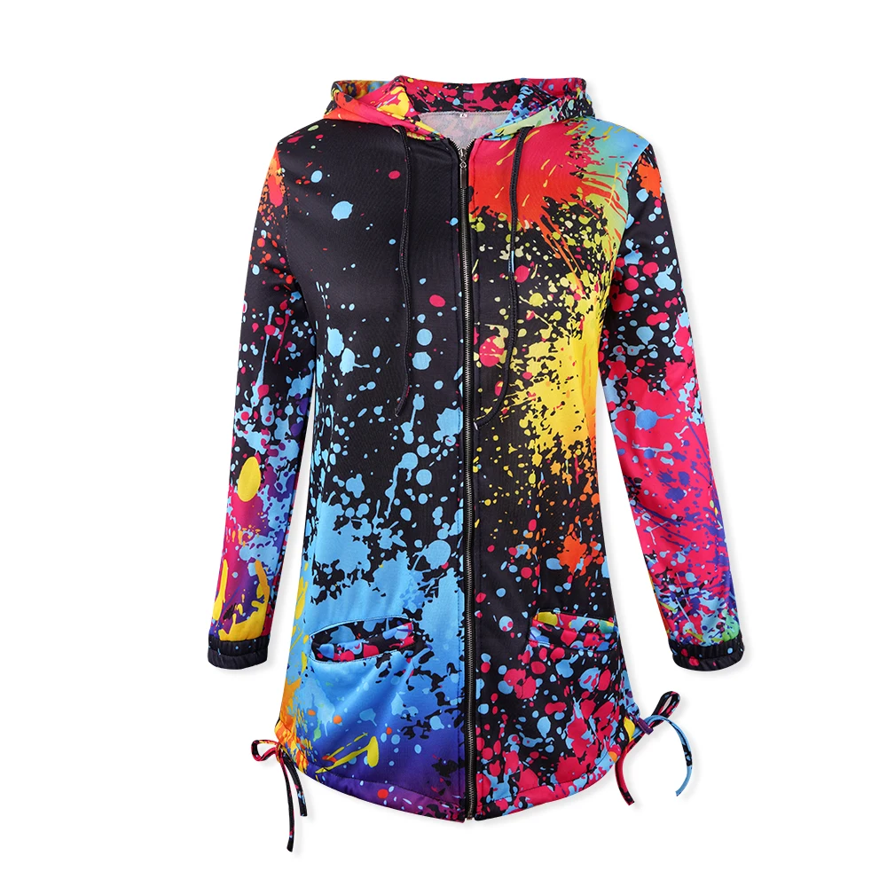 

Spring Graffiti Women Hooded Jackets Color Block Active Basic Jacket Coat Zip Up Thin Fashion Harajuku Casual Outwear