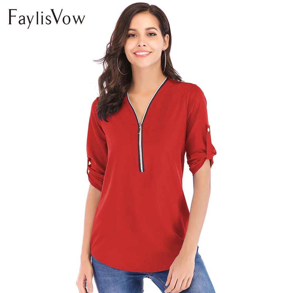 8XL Sexy V Neck Womens Tops And Blouses Autumn Pink Zipper Long Sleeve