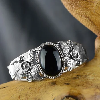 

Guaranteed 925 Silver Bangle Antique Flowers Engraved Gifts For Women Natural Black Agate Stone Beautiful Fine Jewelry