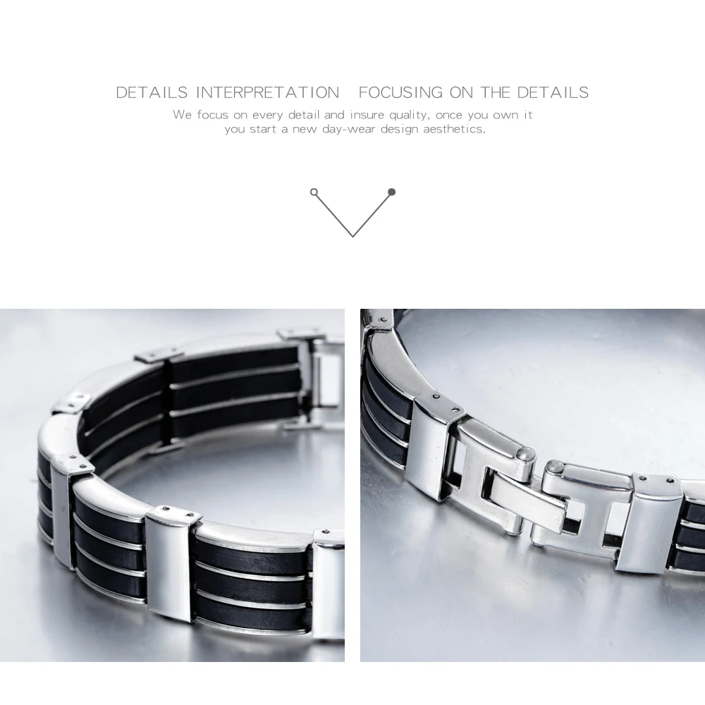 Fate Love Stainless Steel Bracelet Stripe Black Silicone Gel Men's Bracelet Man Fashion Jewelry For Boyfriend Best Gifts FL959