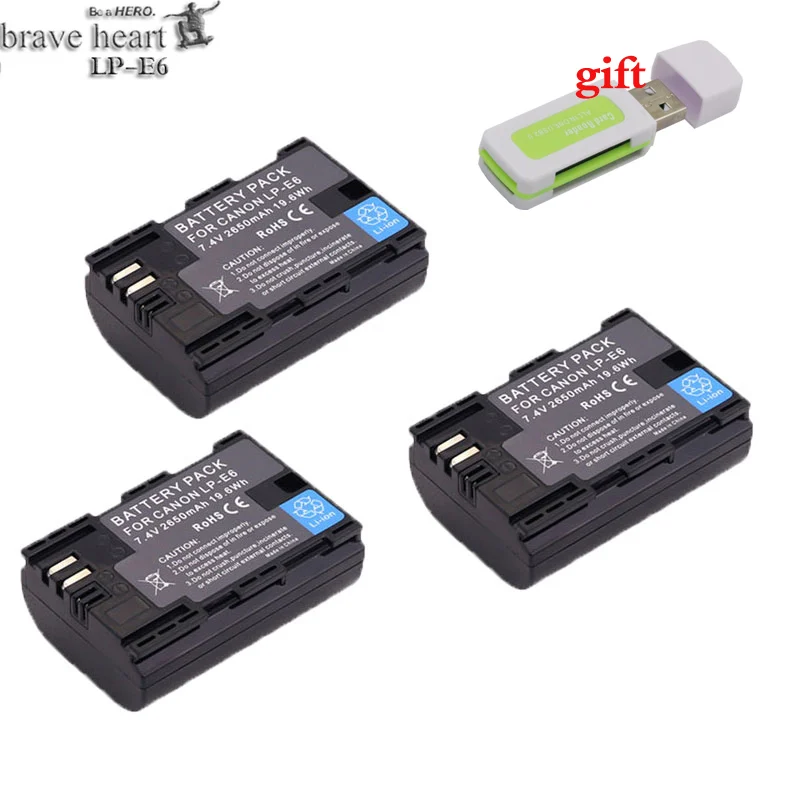 Горячая 2x2650 mAh LP-E6 LP E6 LPE6 Аккумулятор для камеры Canon 5D Mark II III 7D 60D EOS 6D 70D 80D аксессуары для canon - Цвет: 3battery