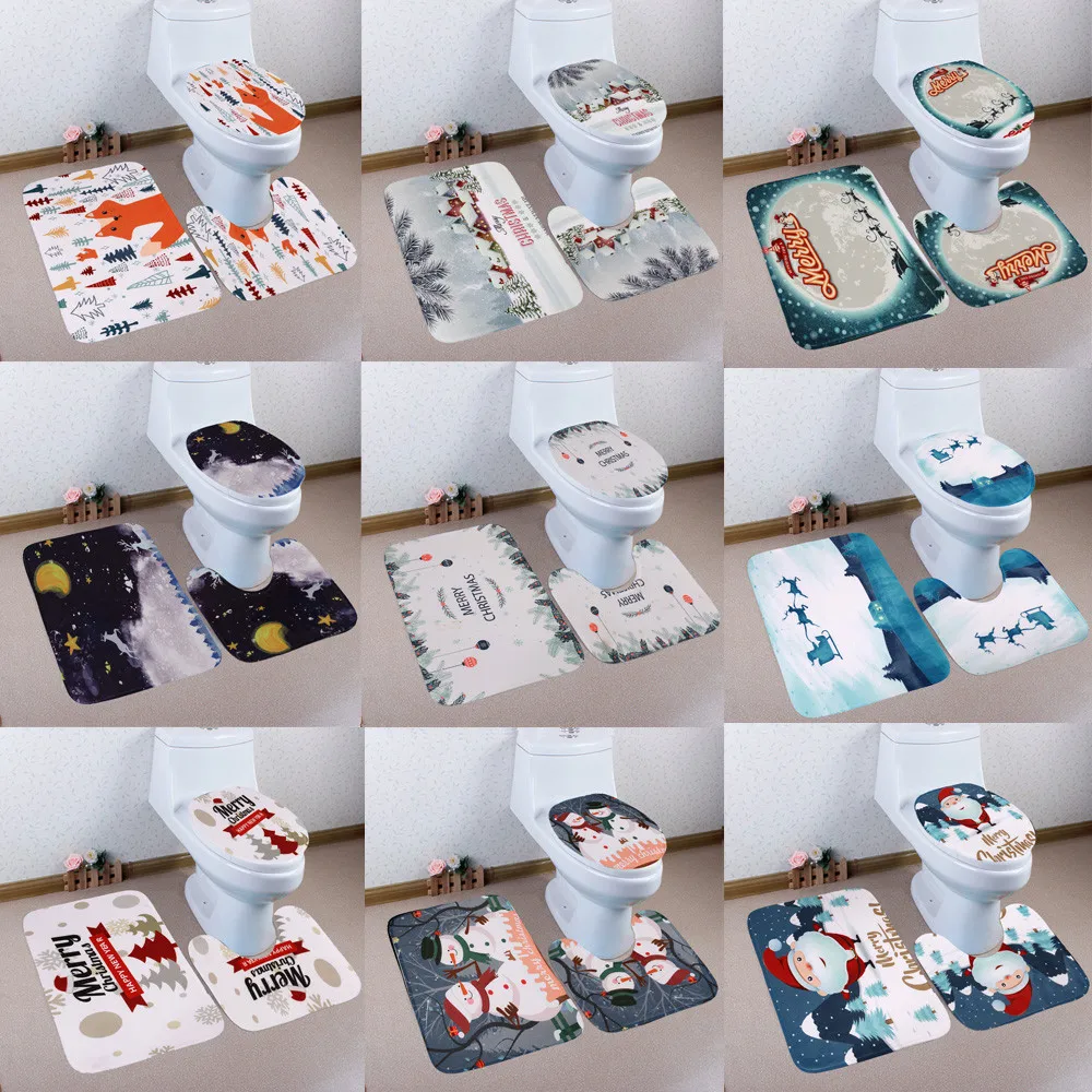 

NEW 3PCS Christmas Bathroom Non-Slip Pedestal Rug + Lid Toilet Cover + Bath Mat Set Pattern Bathroom Set Carpet Toilet Rugs 6.7