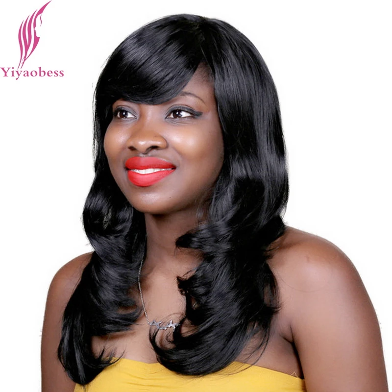 Yiyaobess 45cm Long Wavy Black Wig With Bangs Natural ...