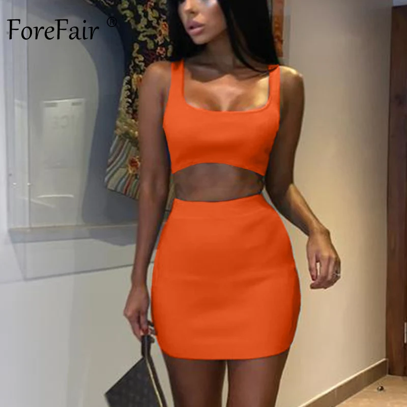 Forefair Летнее мини платье из двух частей оранжевый розовый вязаный с открытыми