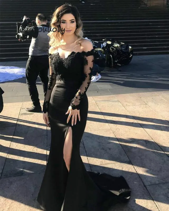 Arabic Black Evening Dresses Long Sleeves Mermaid Prom Dresses With Slits Elegant Off The Shoulder Satin Long Formal Dance Dress Arabic Black Evening Dresses Long Sleeves Mermaid Prom Dresses With Slits Elegant Off The Shoulder Satin Long Formal Dance Dress