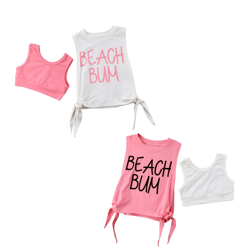

Cute Lovely Casual Summer Clothes Newborn Baby Girls Cotton Sleeveless Pullover Letter Solid Shirt Tops Solid Vest 2PCS 2 Color