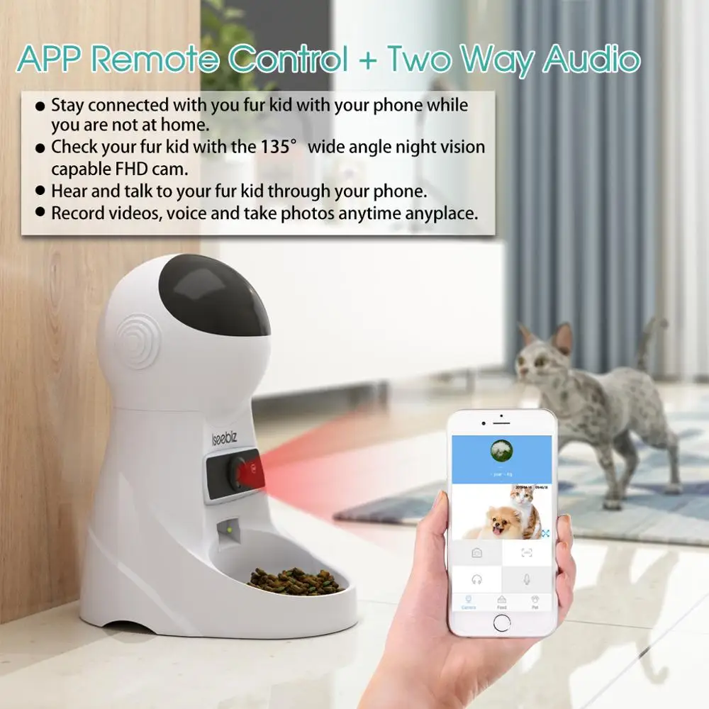 Iseebiz Comedero Automatico Cámara para Gatos/Perros App Control y Recordatorio por Voz 3litros 