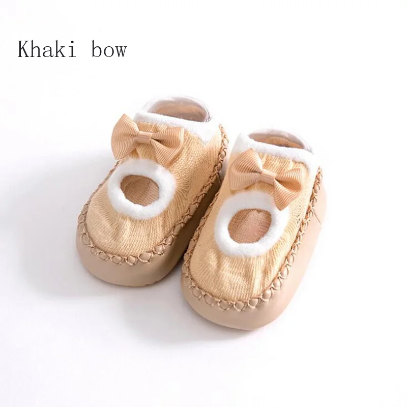 Новинка; обувь для малышей с рисунками животных; носки-тапочки для малышей; нескользящие носки - Цвет: Khaki bow