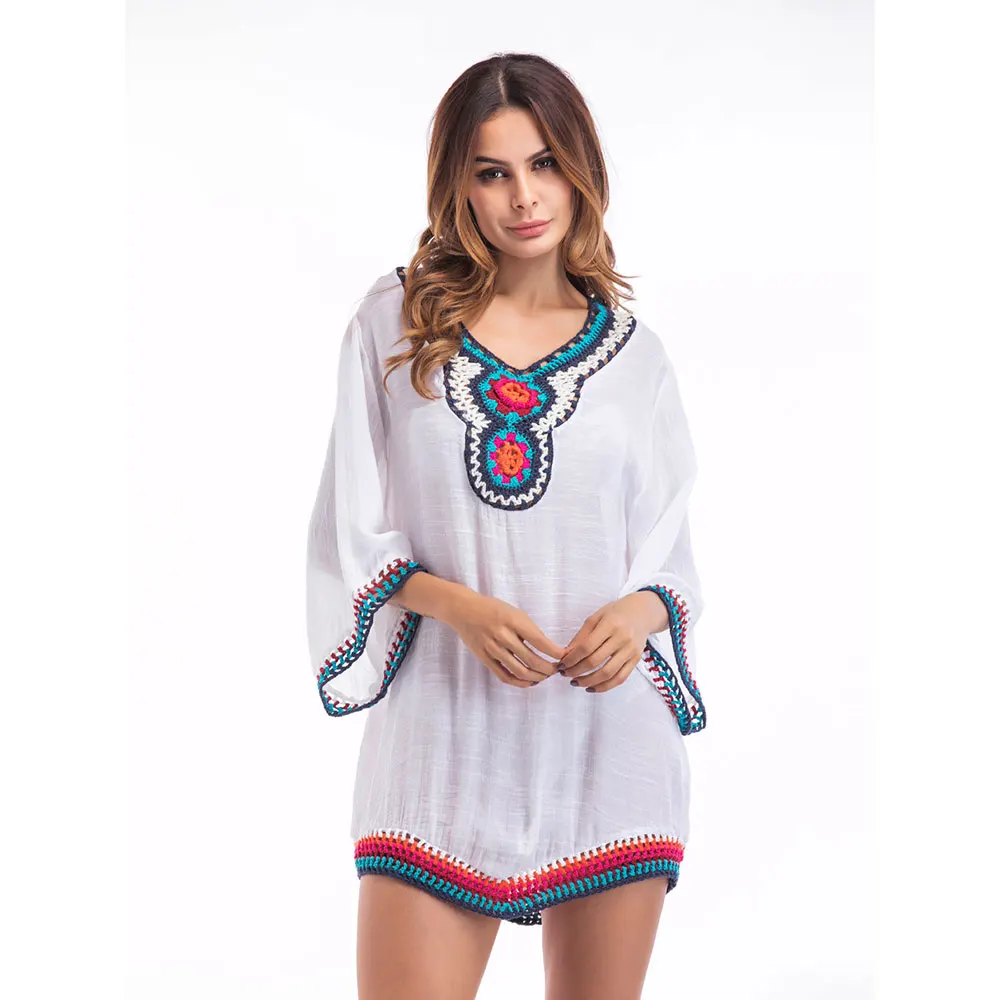 Women Femme Feminina Tee Shirt 2018 Summer Women Bohemian T-shirt Embroidery Bead Long Sleeve Casual Loose Top Long Boho T Shirt Tops