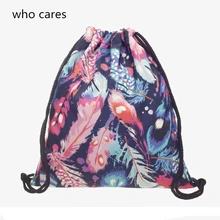 Who Cares New 3D Printing Backpack Women Colourful Feathers Mochila Feminina Fashion Casual Drawstring Bag Girl