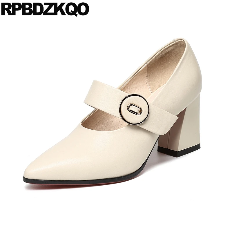 Beige High Heels 3 Inch Strap Quality Block 2018 Genuine Leather Black Mary Janes Women Shoes