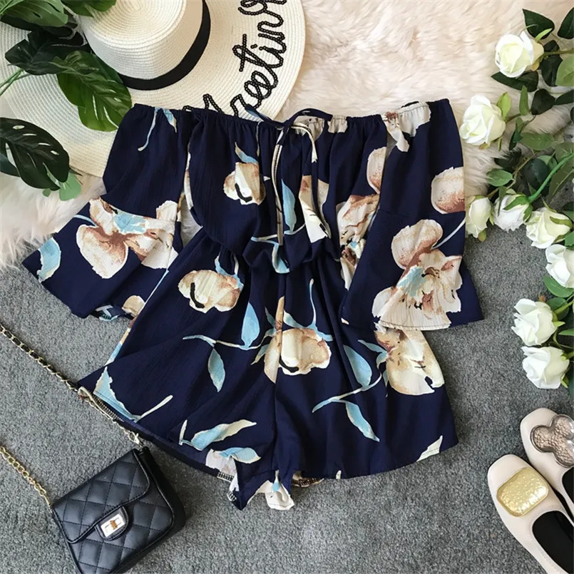 

Fashion New Off Shoulder Sexy Summer Floral Print Rompers Short Jumpsuit Casual Women Playsuit Beach Holiday High Waist Romper