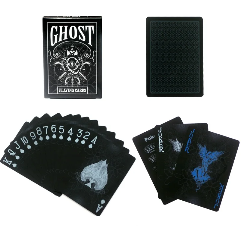 

55pcs pvc waterproof plastic embossed pure black poker set magic tool playing cards deck for collection present