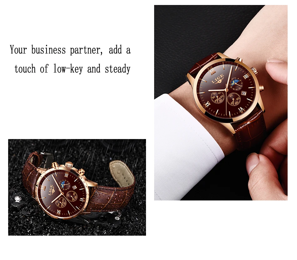 LIGE Mens Watches Top Brand Luxury Fashion Watch Men Leather Quartz Clock For Male Auto Date Rose Gold Shell relogio masculino