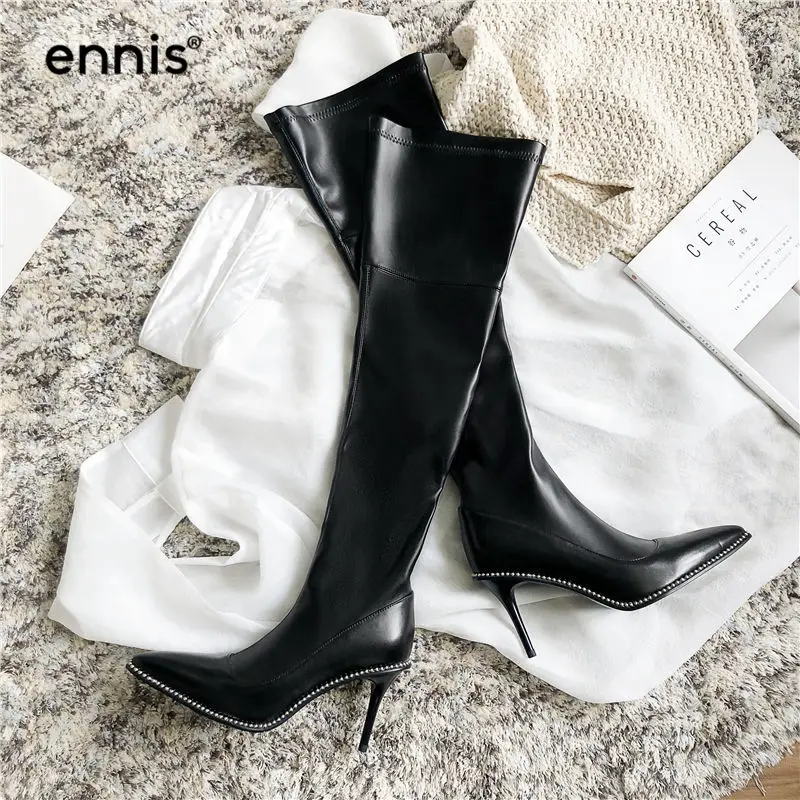 ENNIS/ г. Высокие сапоги на очень высоком каблуке-шпильке эластичные сапоги выше колена с острым носком женские сапоги с заклепками зимняя черная обувь 855
