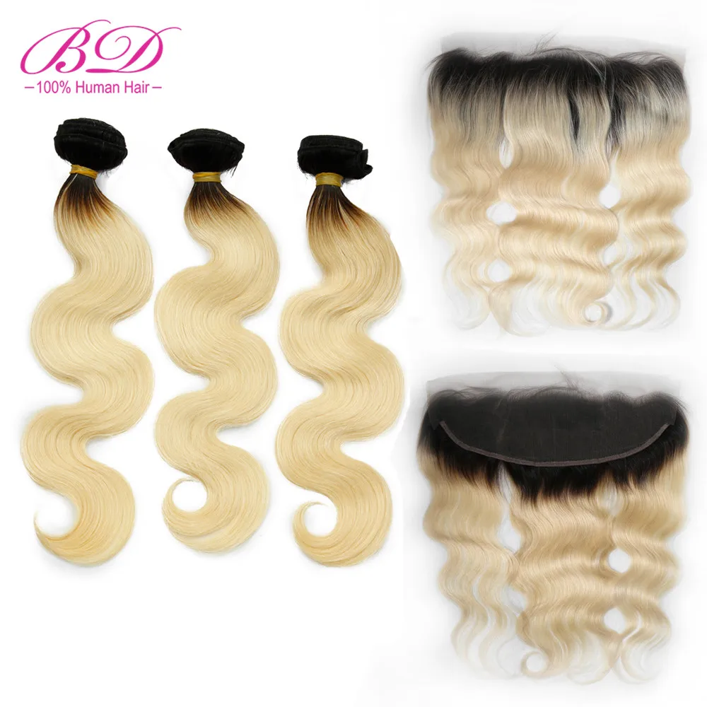 

BD HAIR 1b/613 Ombre blonde Human Hair Bundles with Frontal Brazilian Body Wave Remy Hair Lace Frontal With Hair Bundles