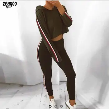 

Women Long Sleeve Stripe Hooded 2 Autumn, Winter Side Piece Sweatshirt Casual, Street, Outdoor, etc Pants Suit