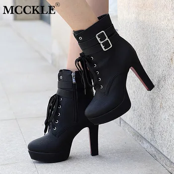 

MCCKLE Women Fashion High Heels Lace Up Ankle Boots Female Zip Double Buckle Sexy Party Dress Pump Woman Platform Shoes
