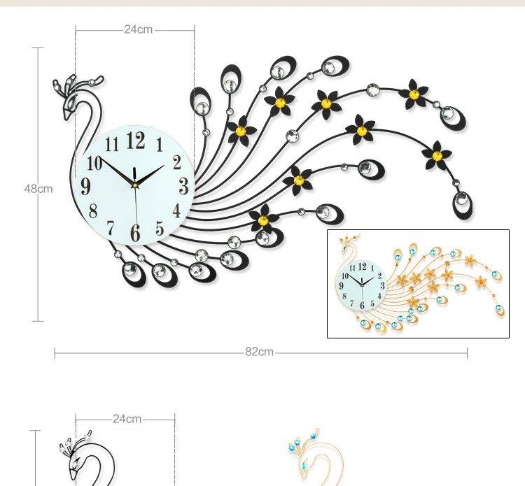 3D настенные часы современный дизайн домашний декор настенные часы гостиная бриллианты Павлин декоративные кованые железные бесшумные большие часы