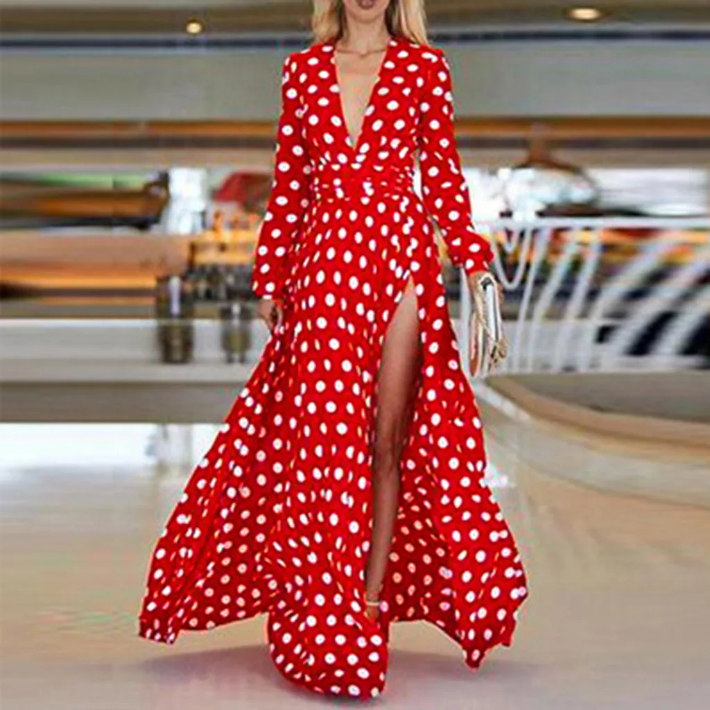 

Boho Polka Dot Print Long Dresses Women Long Sleeve V Neck Summer Casual Dress 2019 Streetwear Sexy Maxi Split Dress Vestidos
