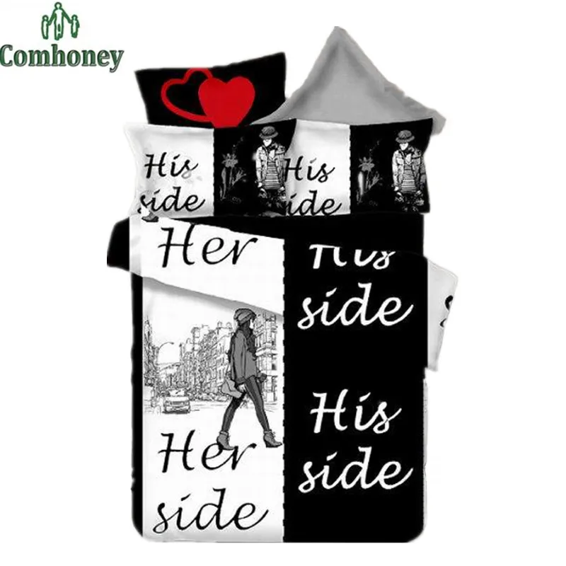 Home Textiles Lovers White And Black Bedding Set His Side &amp Her Soft Duvet Cover and Pillowcases 4Pcs Queen Size Comhoney | Дом и сад