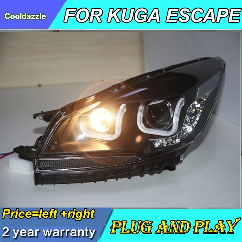 2013 год для FORD для KUGA Escape Светодиодная лента головной светильник s Передняя лампа Головной фонарь с дневным ходовым светильник двойной U стиль