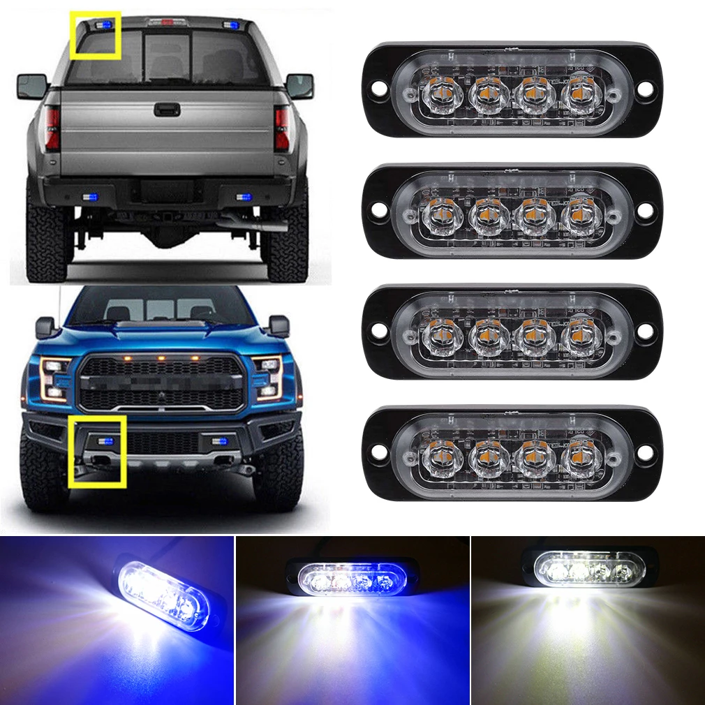 

White Blue 4LED Car Truck Emergency Beacon Warning Hazard Flash Recovery Strobe Light BARS 12V waterproof