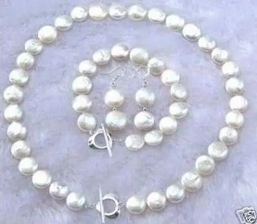 

wholesale Jewelry set Fine Bridal 11-12MM White Coin Pearl Necklace Bracelet Earring Set 14KGP plated free shipping