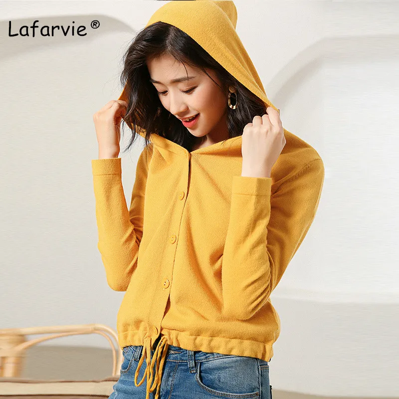 Lafarvie Spring Autumn Plus Size Knitted Hooded Cardigan Sweater Women Long Sleeve Casual Sweater Female Solid Color Oversize
