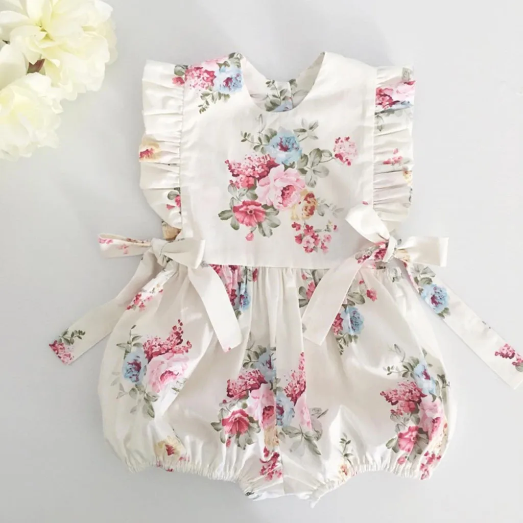 

New Born Baby Girl Clothes Baby Girls Ruffle Floral Print Bow Rompers Jumpsuit Clothes Infantis Costume 0-24M Sleeveless body