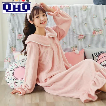 

Autumn and winter cute coral velvet thickening robe female plus long flannel lounge ladies ruffles collar nightdress bathrobe
